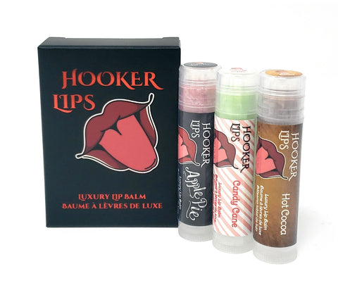 2023-12 December Monthly Trio Hooker Lips ~ Apple Pie, Candy Cane & Hot Cocoa - Luxury Lip Balm
