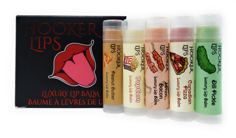 ~ Hooker Lips 5 Pack Box ~ Giftable Favorites I: Canadian Pizza, Dill Pickle, Mmm Bacon, Peanut Butter & Popcorn